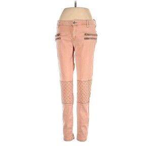 Zara Womens 4 Coral jeans Quilted Boyfriend Skinny Mid Rise Biker Zipper Moto
